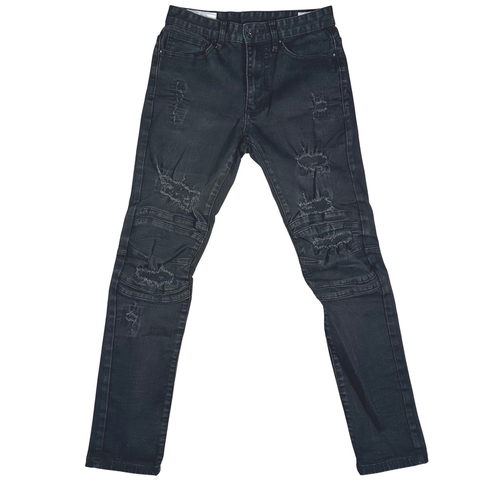 Smoke Rise Mens Distressed Moto Jeans 30/32 Distressed Black Slim Grunge Moto